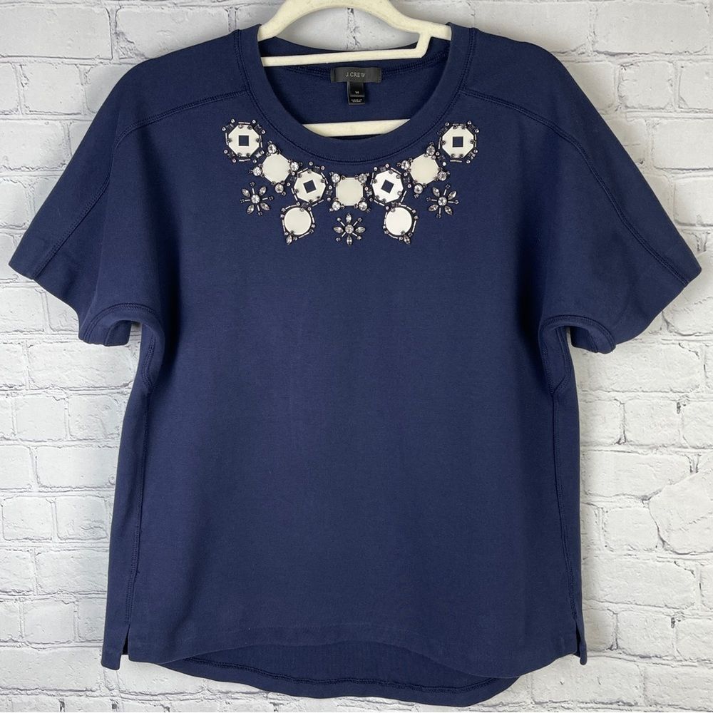 J. CREW navy blue cotton embellished short sleeve sweatshirt top, size M
